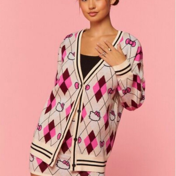 Hello Kitty & Friends X Forever 21 Argyle Cardigan Sweater Women’s Size M - Picture 1 of 9
